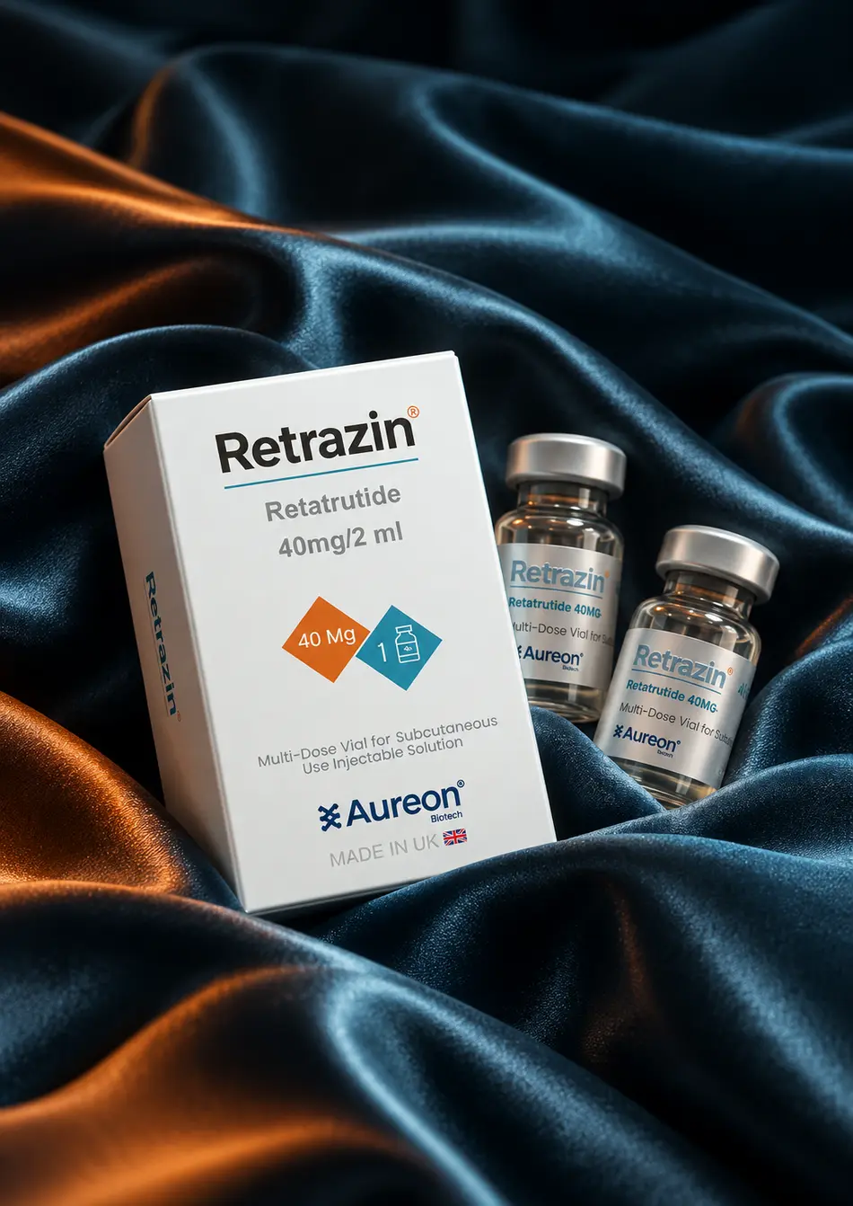 Embalagem e frascos Retrazin sobre tecido acetinado